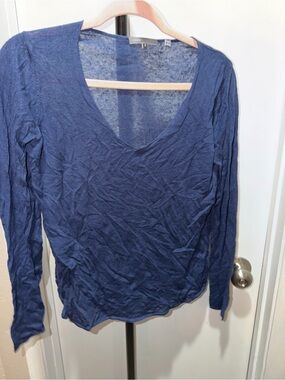 Vince Linen Blend V-Neck Long Sleeve Sweater Top Navy Blue Size Small